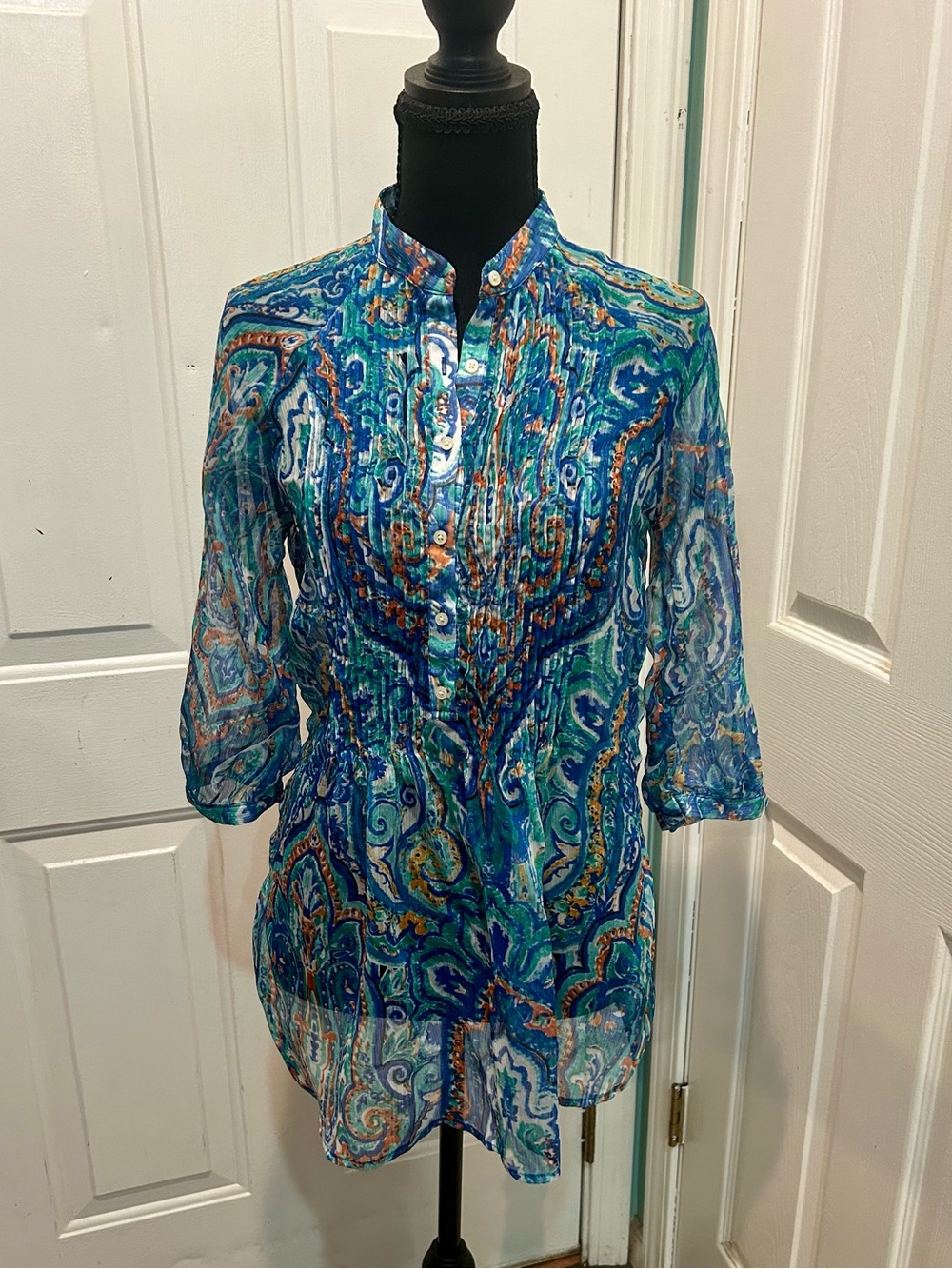 Lauren Ralph Lauren L Blouse Sheer 3/4 Sleeve 1/2 Button Pintuck Paisley Blue